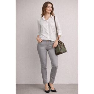 Womens Work Outfit Small Gray Skinny Pants White Star Blouse Green Satchel 3 Pie